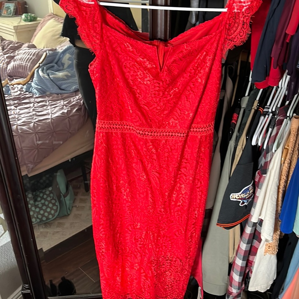 Red calf length dress!